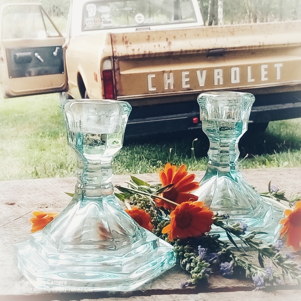 Romantic Light blue glass pair of candlesticks